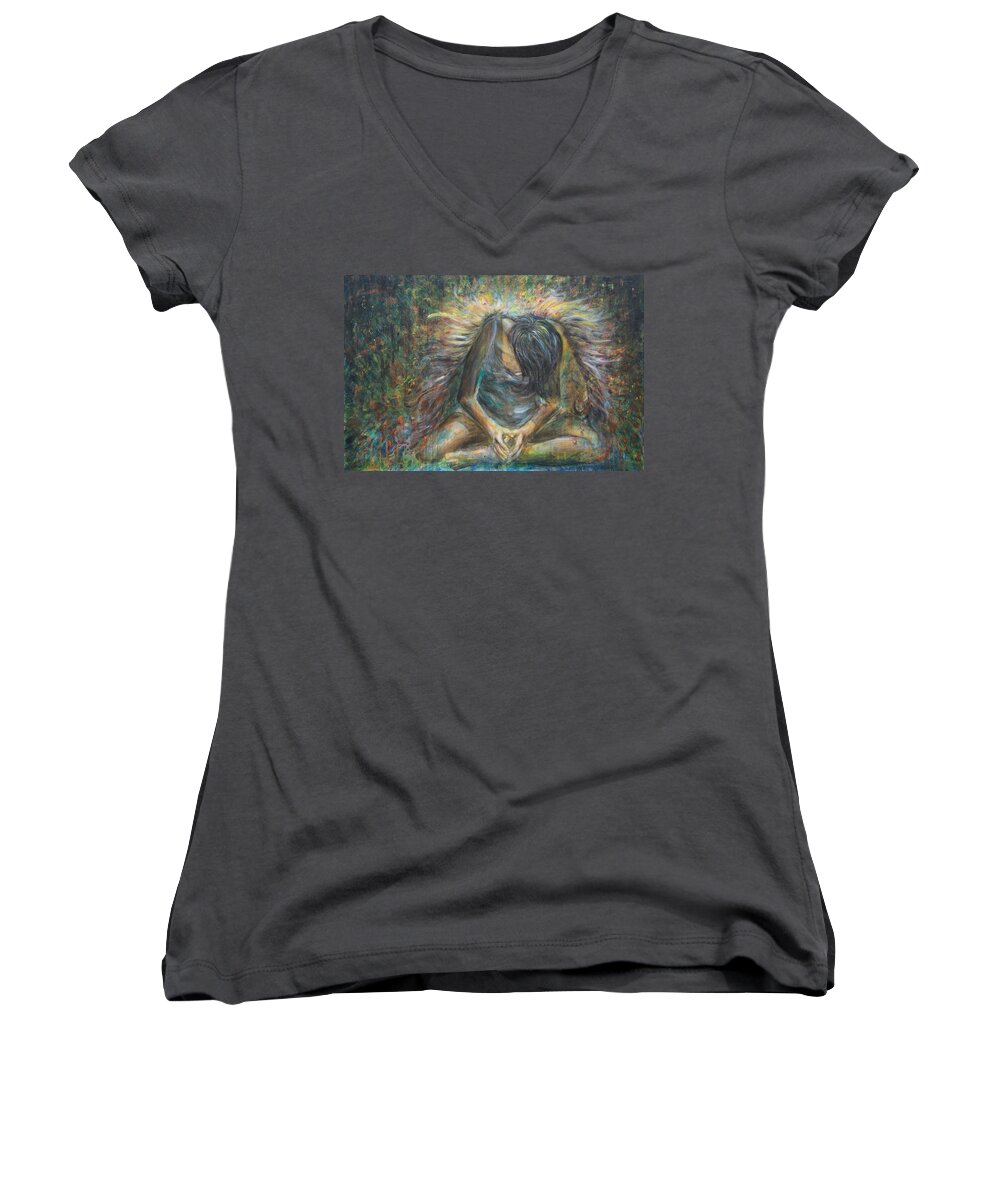 Angel Women's V-Neck featuring the painting No Paradise by Nik Helbig