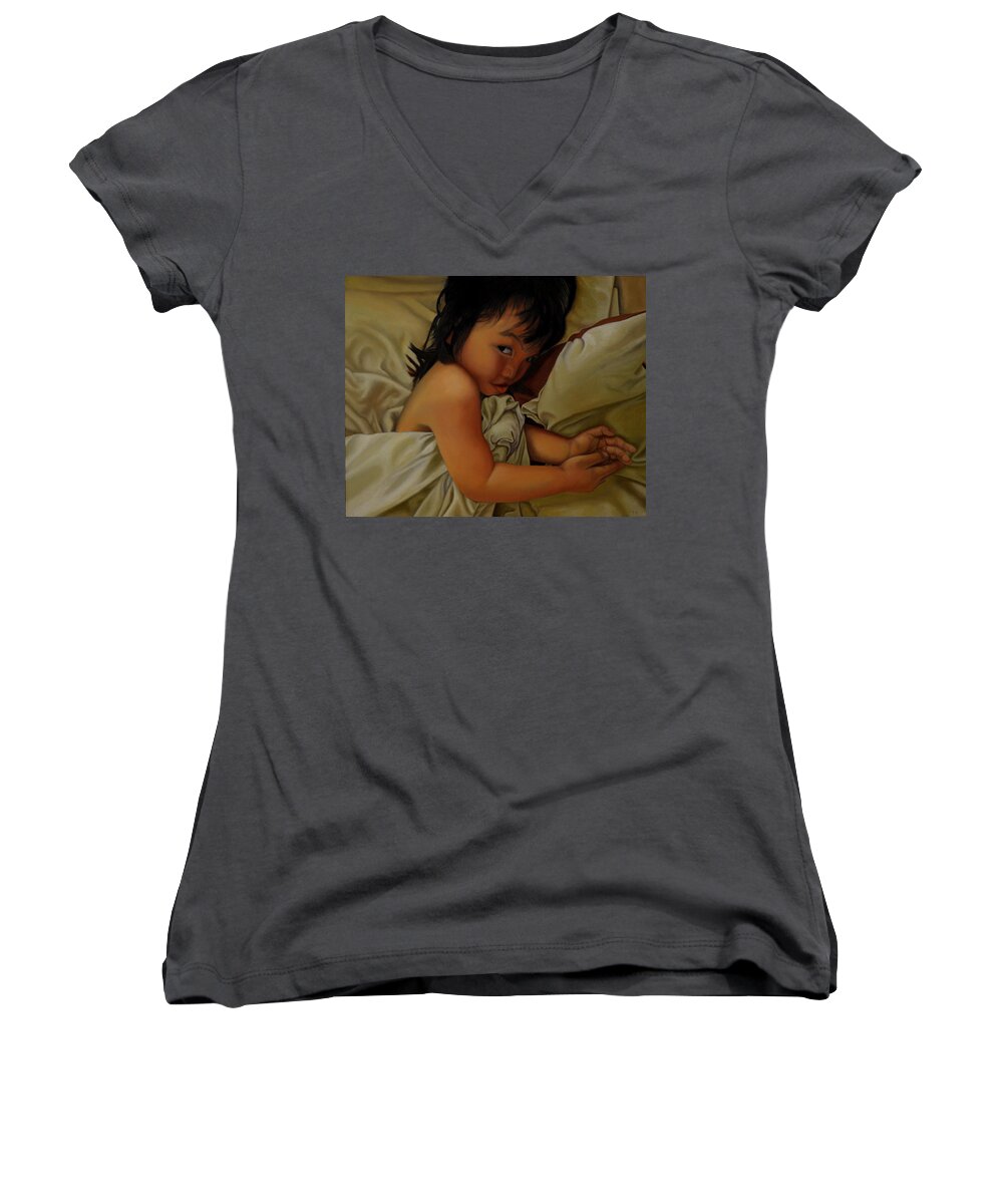 Sleep Women's V-Neck featuring the painting Nooo by Thu Nguyen