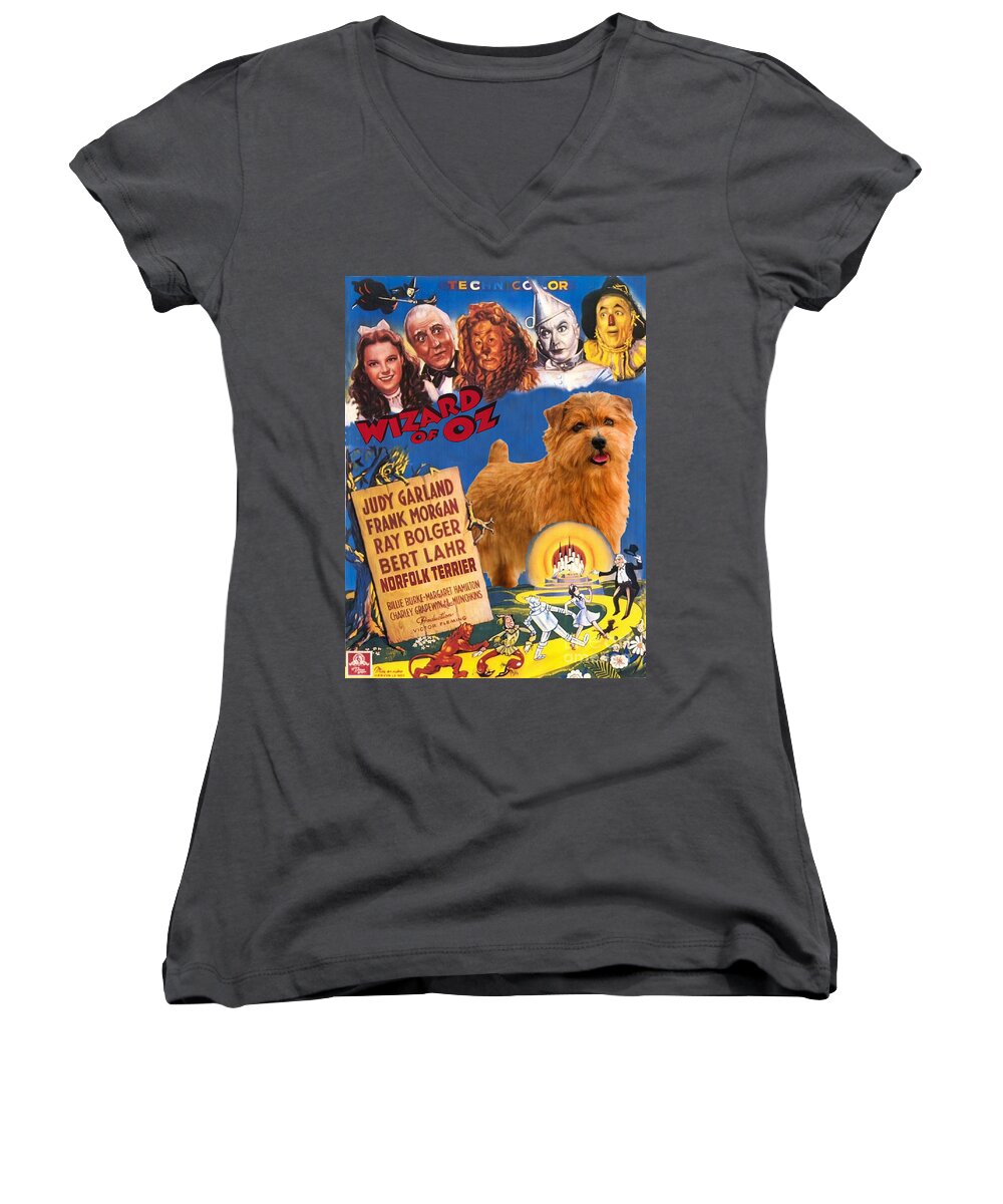 Norwich Terrier Women's V-Neck featuring the painting Norfolk Terrier Art Canvas Print - The Wizard of Oz Movie Poster by Sandra Sij