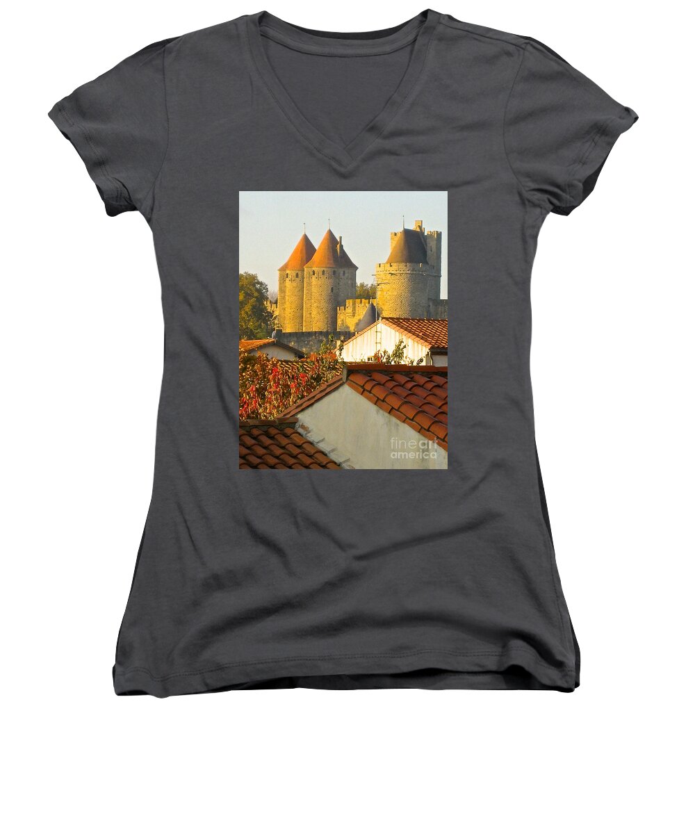 Carcassonne Women's V-Neck featuring the photograph Now and Then by Suzanne Oesterling