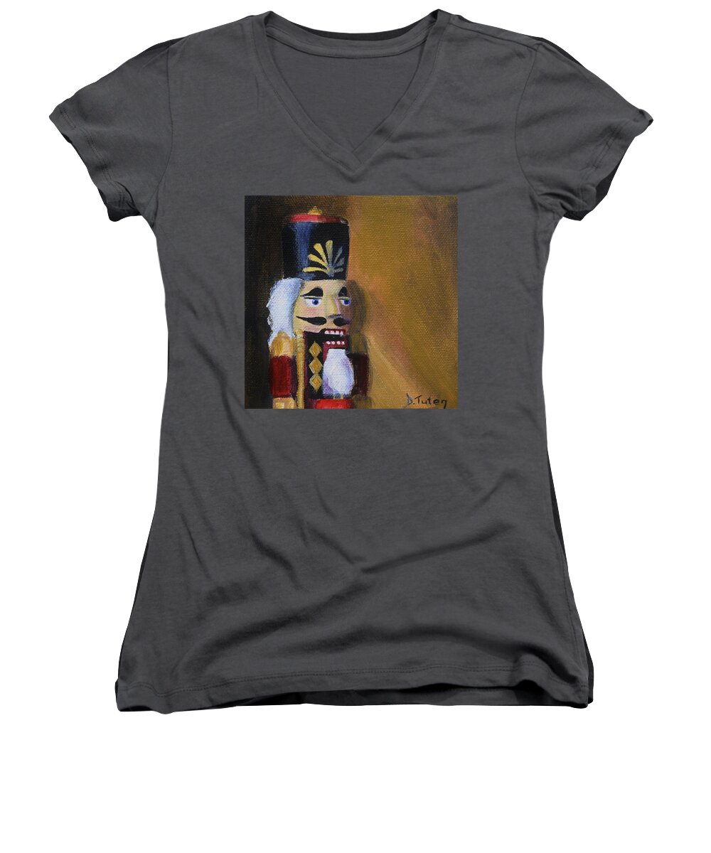 Christmas Women's V-Neck featuring the painting Nutcracker II by Donna Tuten