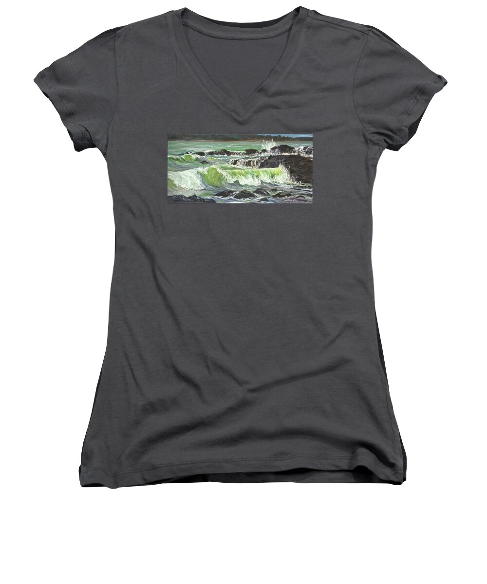 Lajolla Ca Women's V-Neck featuring the painting Ocean Emotion LaJolla Cove by Maryann Boysen