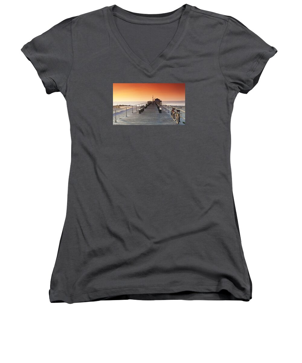 Ocean Pier Women's V-Neck featuring the photograph Ocean Grove Jetty in NJ by Sean Davey