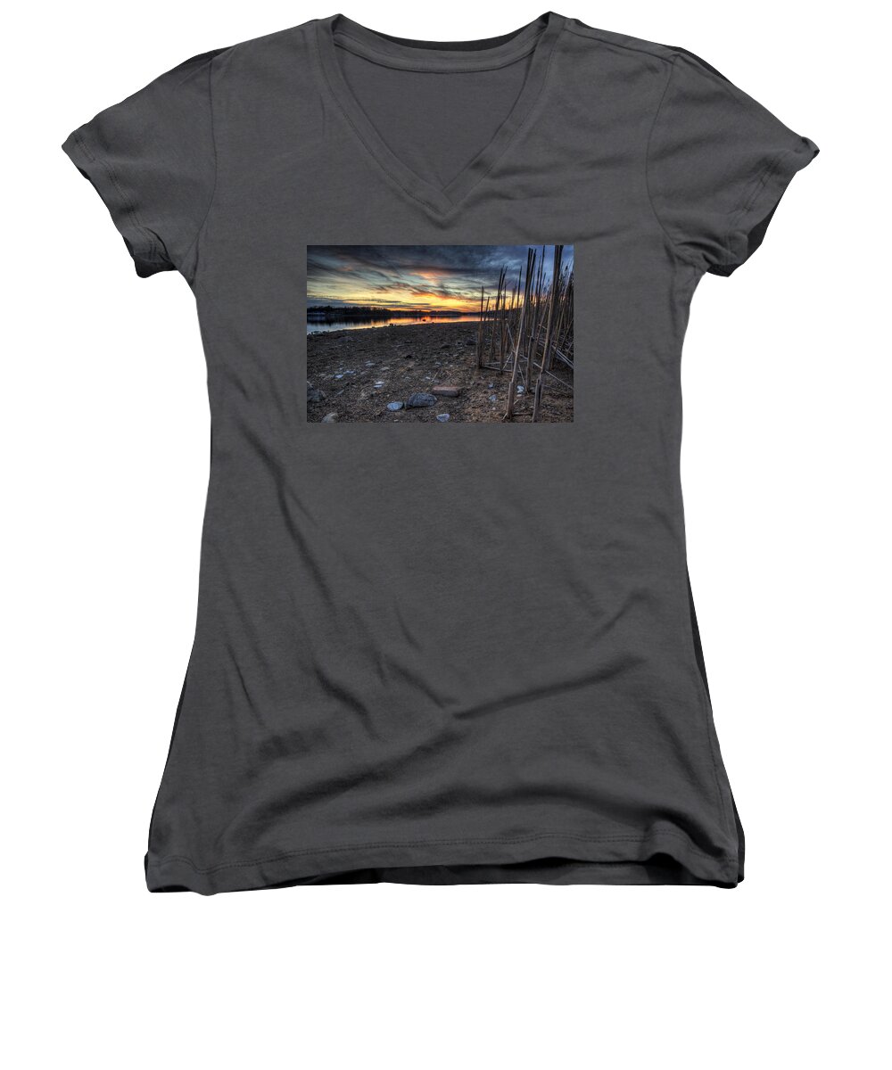 Sunset Women's V-Neck featuring the photograph Ohio Winter Sunset on Guilford Lake by David Dufresne