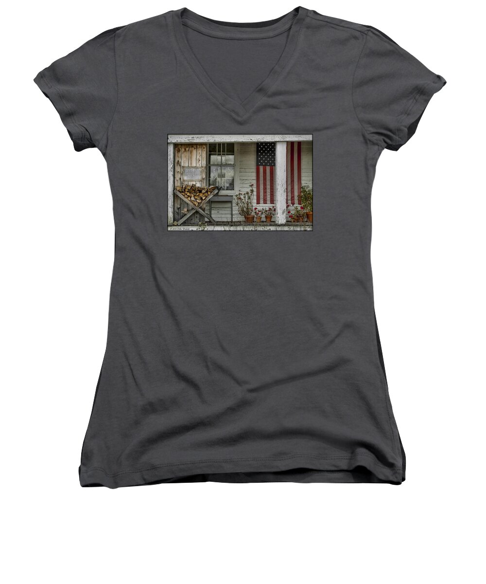 Flag Women's V-Neck featuring the photograph Old Apple Orchard Porch by Erika Fawcett