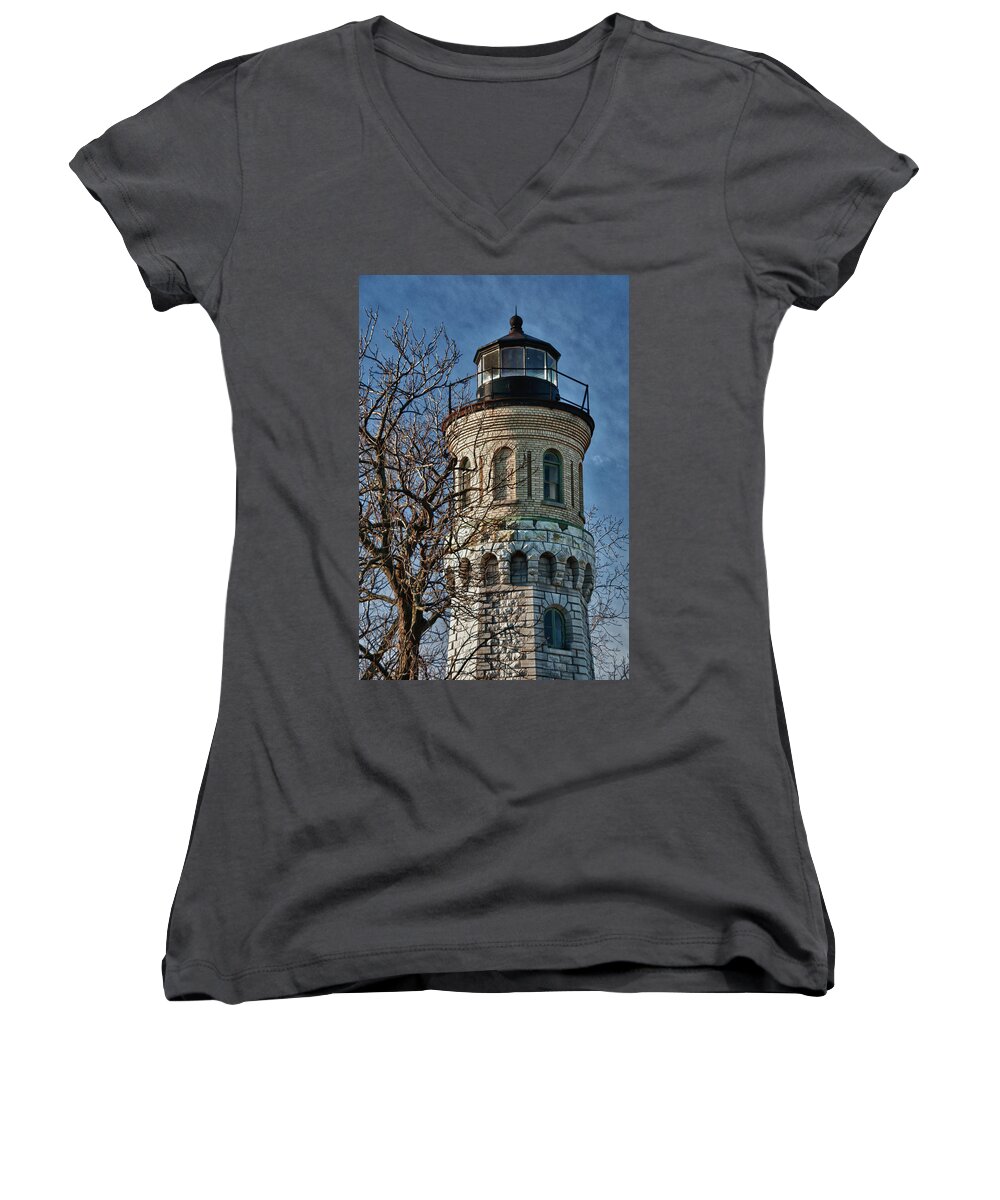 Lighthouse Women's V-Neck featuring the photograph Old Fort Niagara Lighthouse 4484 by Guy Whiteley