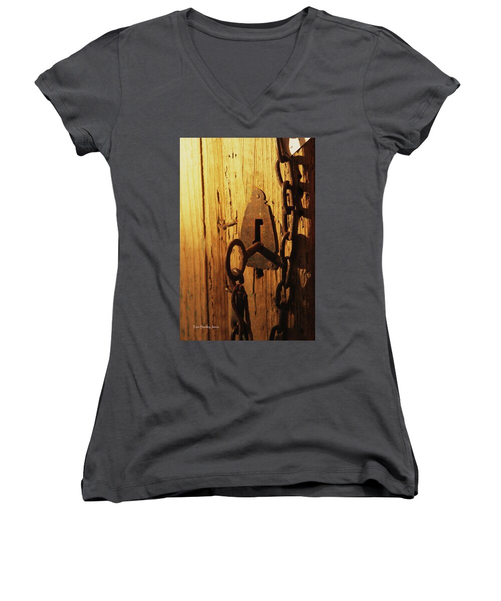 Old Lock And Key Women's V-Neck featuring the photograph Old Lock And Key by Tom Janca