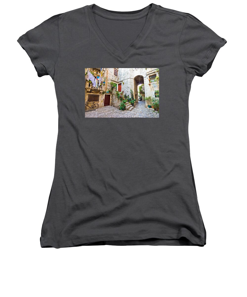 Trogir Women's V-Neck featuring the photograph Old stone street of Trogir by Brch Photography