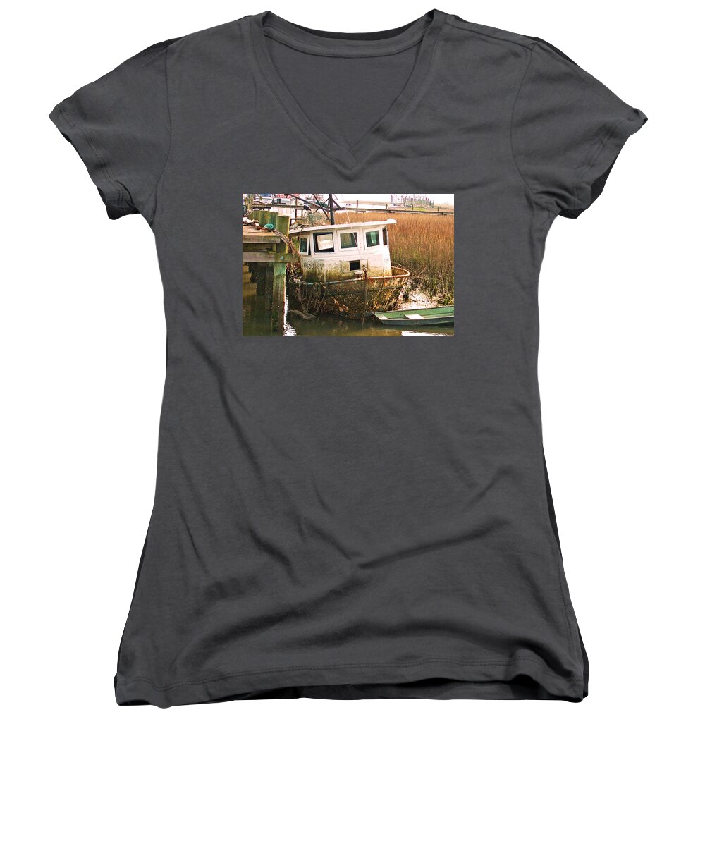 Old Women's V-Neck featuring the painting Old Tugboat by Jan Marvin by Jan Marvin