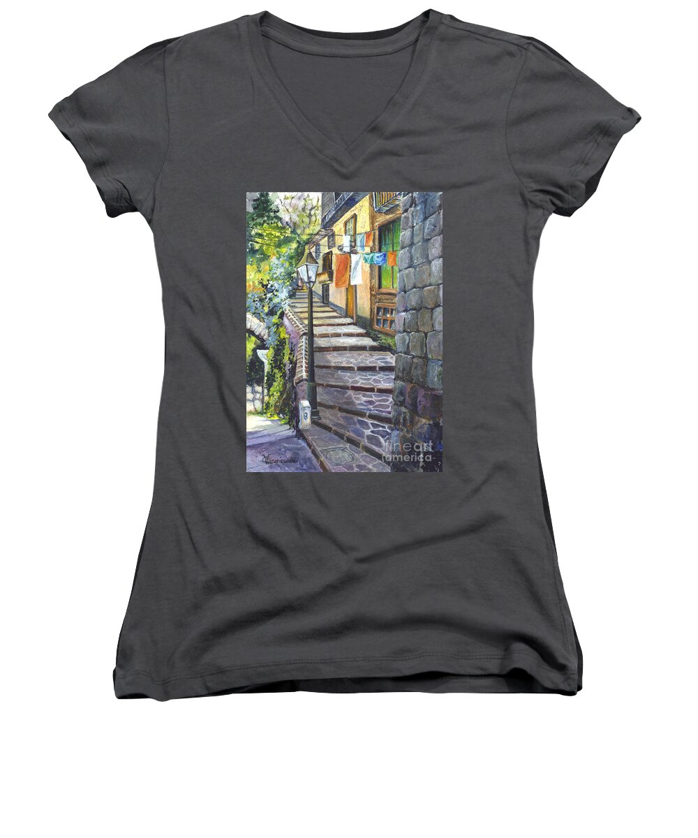 Watercolor Women's V-Neck featuring the painting Old Village Stairs - in Tuscany Italy by Carol Wisniewski