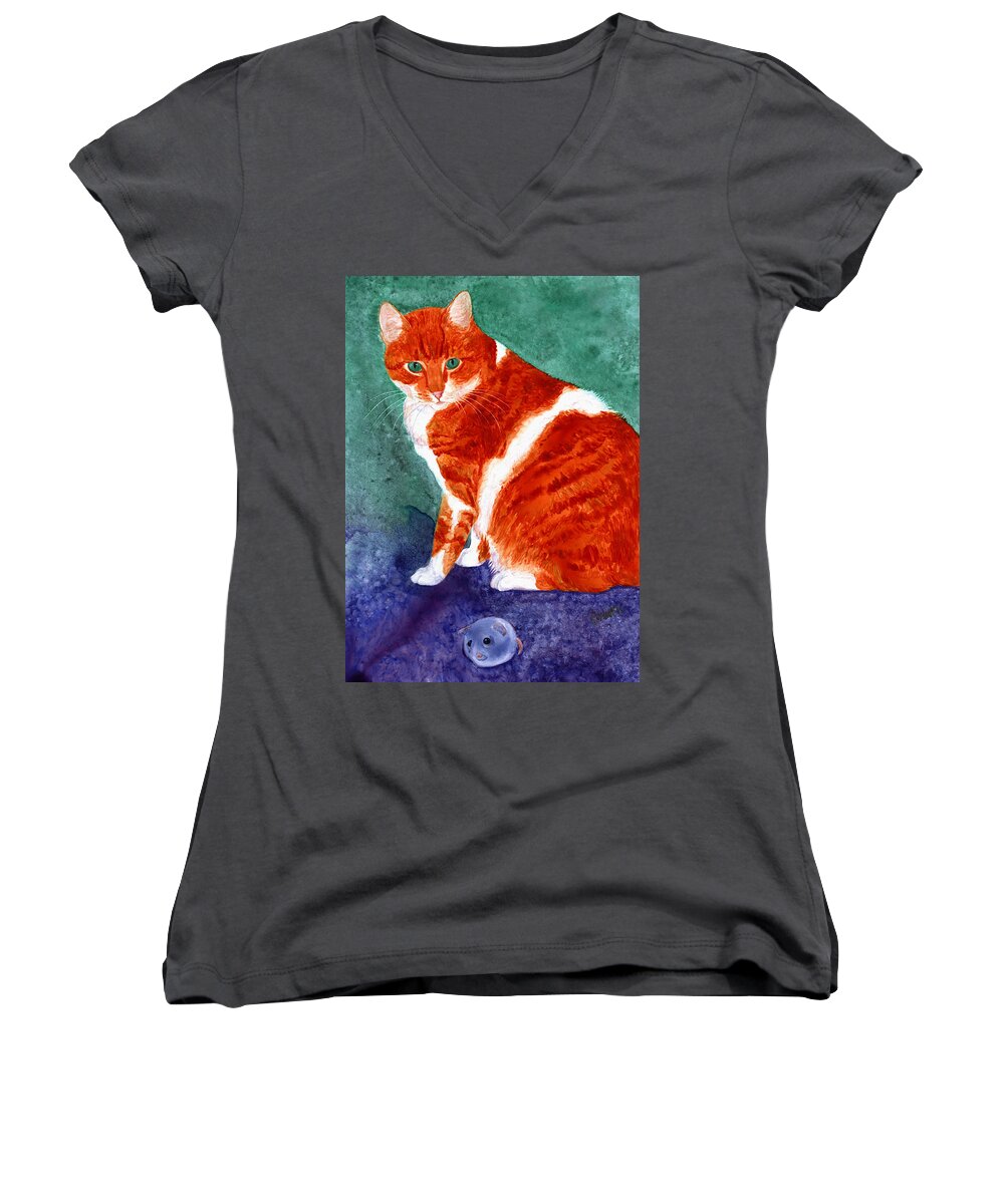 Cat Women's V-Neck featuring the painting Oliver by Ann Ranlett