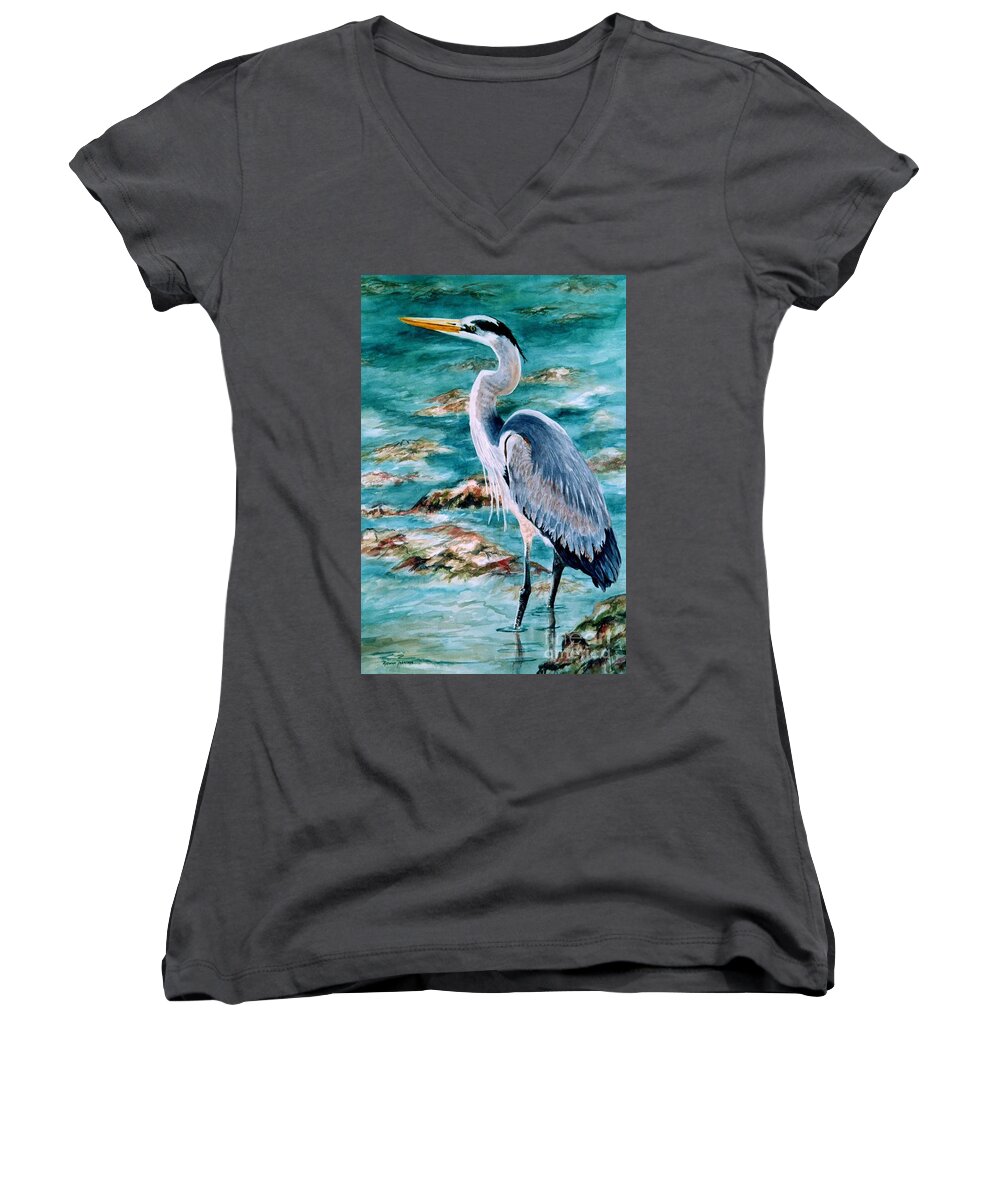 Great Blue Heron Women's V-Neck featuring the painting On the Rocks Great Blue Heron by Roxanne Tobaison