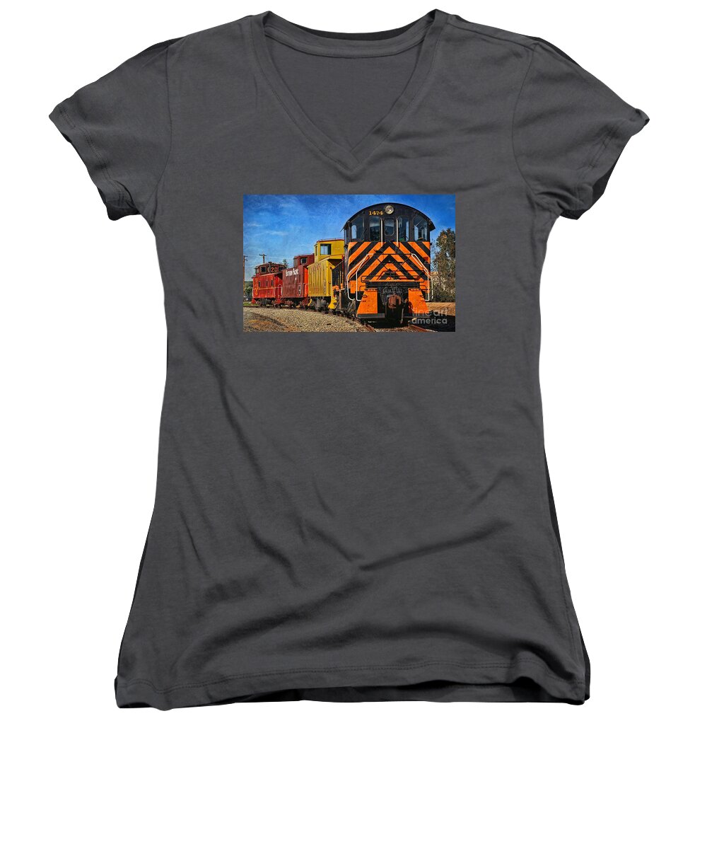 Train Women's V-Neck featuring the photograph On The Tracks by Peggy Hughes