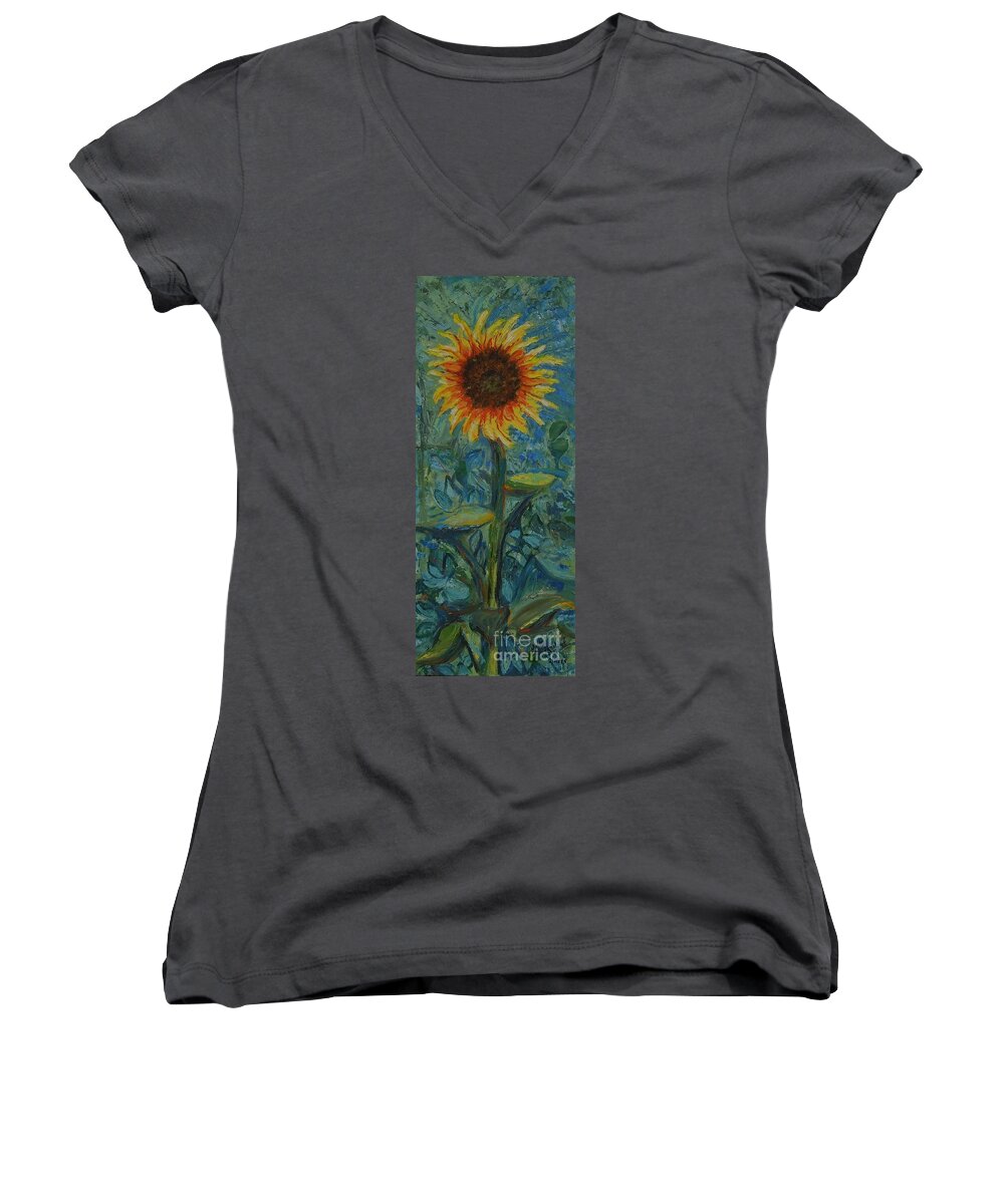 Sunflower Women's V-Neck featuring the painting One Sunflower - Sold by Judith Espinoza