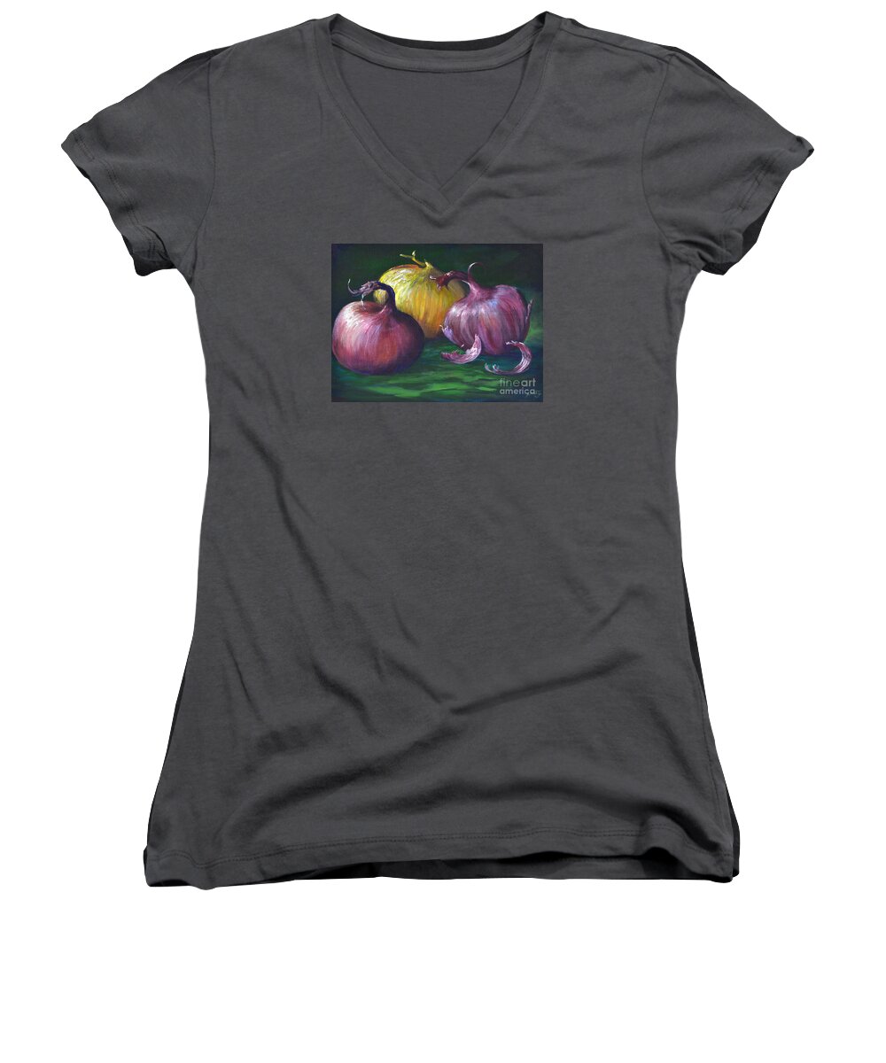 Still Life Painting Women's V-Neck featuring the painting Onions by AnnaJo Vahle