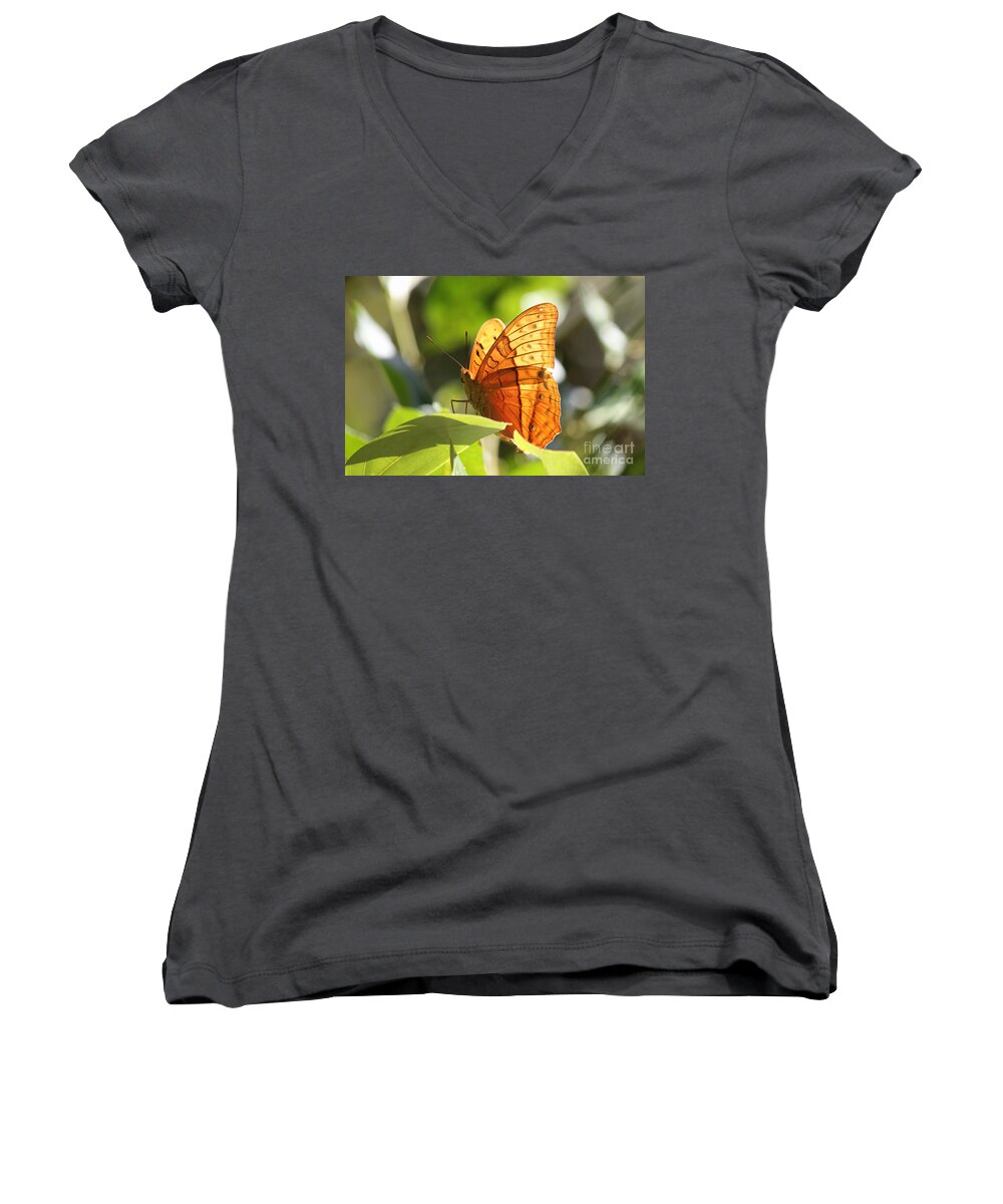 Butterfly Women's V-Neck featuring the photograph Orange Butterfly by Jola Martysz