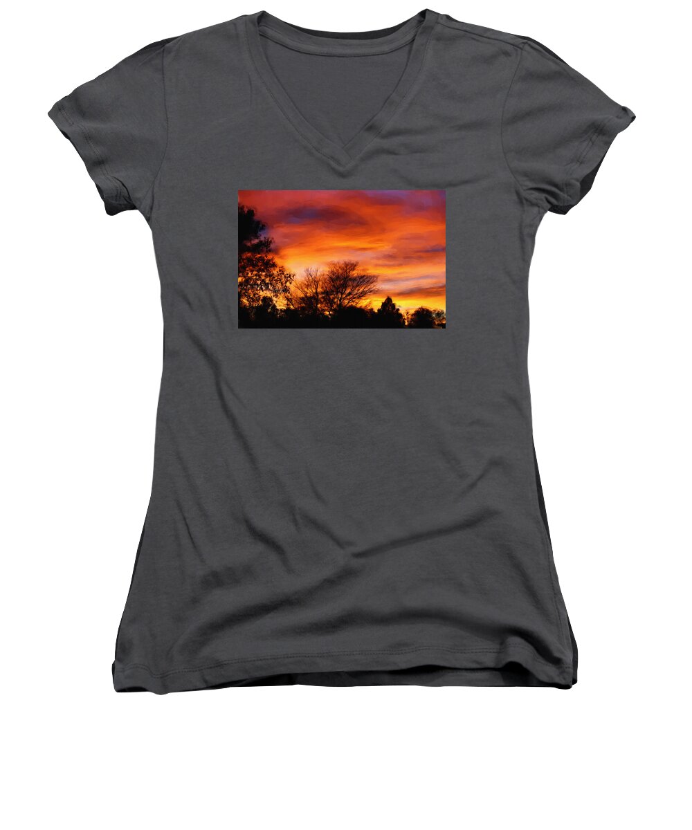 Clouds Women's V-Neck featuring the painting Orange Sunset by Inspirowl Design
