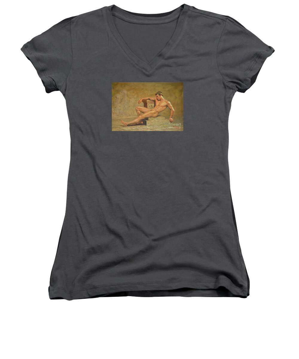 Original. Oil Painting Women's V-Neck featuring the painting Original Classic Oil Painting Gay Man Body Art Male Nude -023 by Hongtao Huang