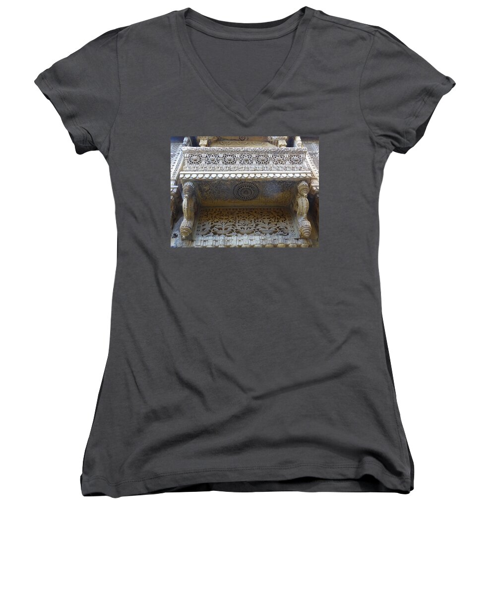 India Women's V-Neck featuring the photograph Ornate Decorative Balcony Jaisalmer Fort Rajasthan India by Sue Jacobi