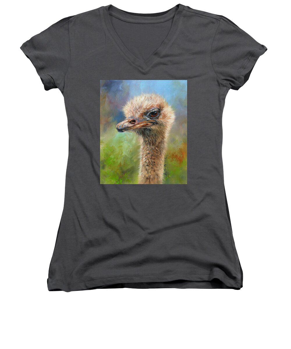 Ostrich Women's V-Neck featuring the painting Ostrich by David Stribbling