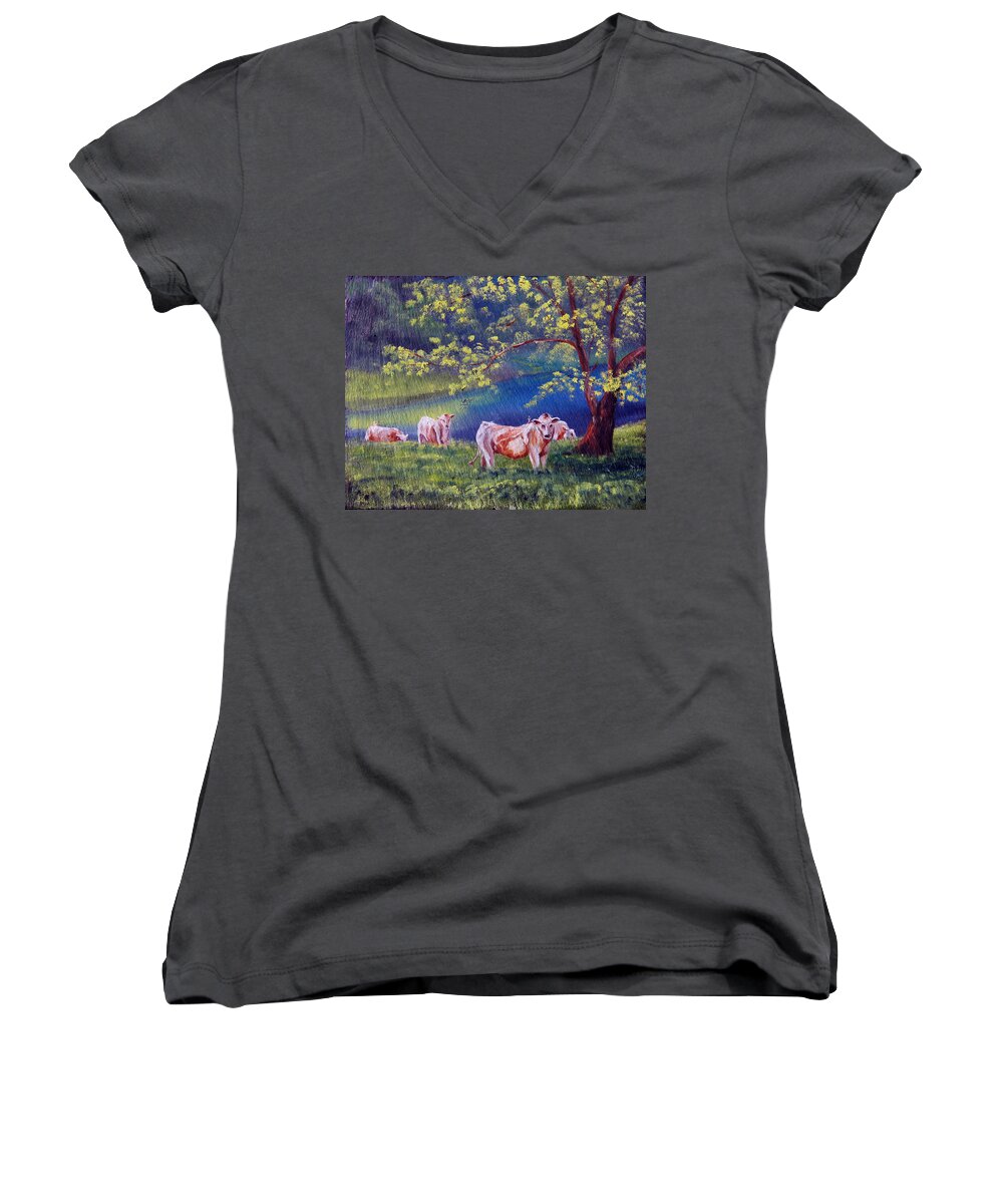 Summer Women's V-Neck featuring the painting Out to Pasture by Meaghan Troup