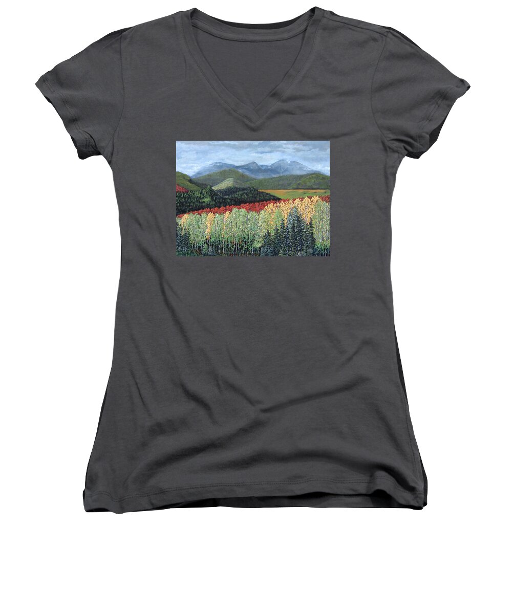 Landscape Women's V-Neck featuring the painting Over the Hills and Through the Woods by Suzanne Theis