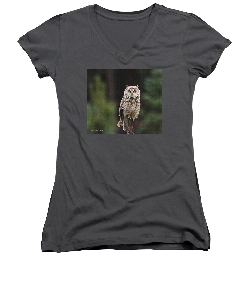 Owl Women's V-Neck featuring the photograph Owl In The Forest Visits by Tom Janca