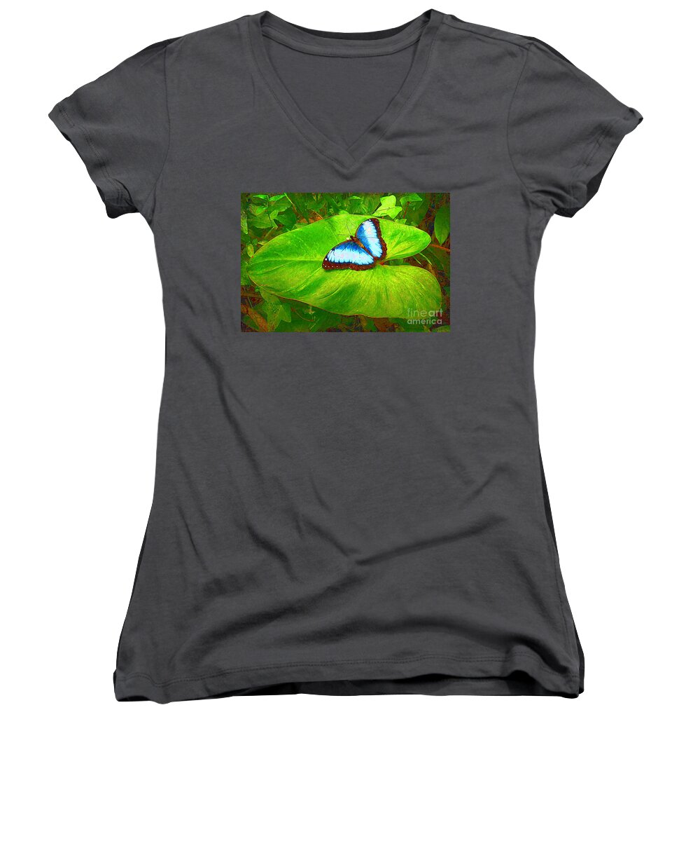 Butterfly Women's V-Neck featuring the photograph Painted Blue Morpho by Teresa Zieba