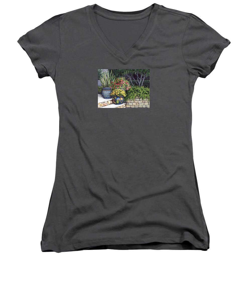 Floral Women's V-Neck featuring the painting Painted Pots by Mary Palmer