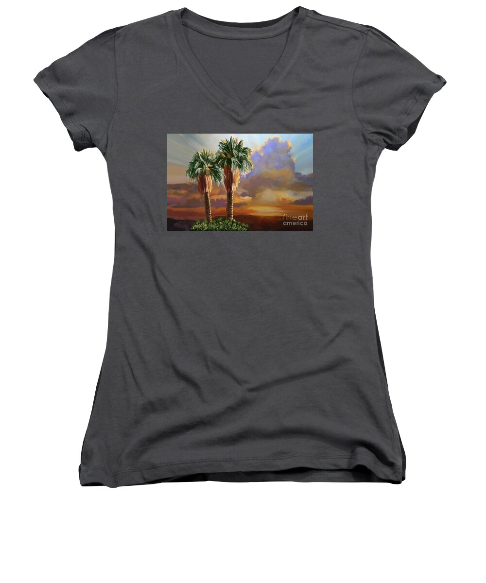 Cabo San Lucas Women's V-Neck featuring the painting Palm Tree Cabo Sunset by Tim Gilliland