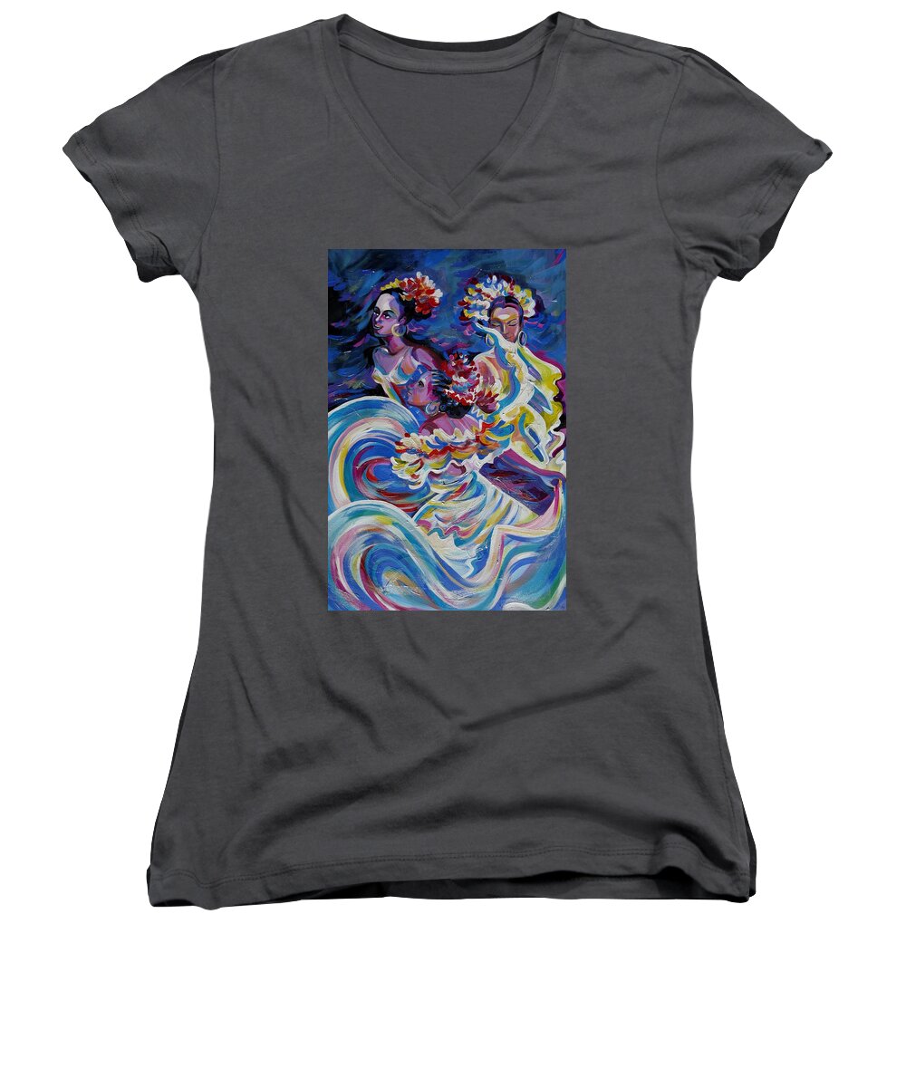 Carnival Women's V-Neck featuring the painting Panama Carnival. Folk Dancers by Anna Duyunova