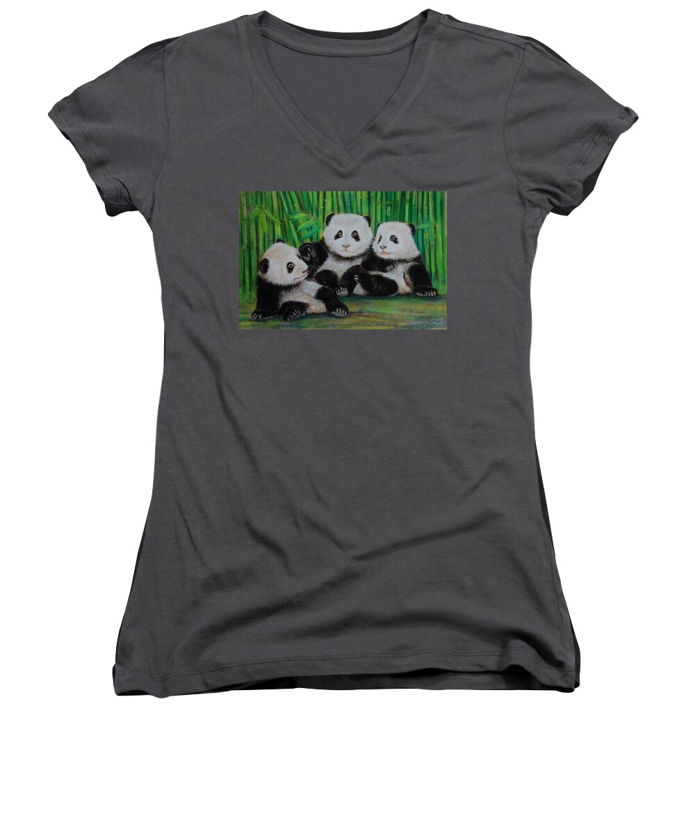 Bear Women's V-Neck featuring the drawing Panda Cubs by Jean Cormier