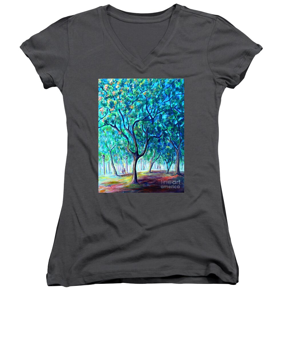 Tree Women's V-Neck featuring the painting Park in Buenos Aires by Cristina Stefan