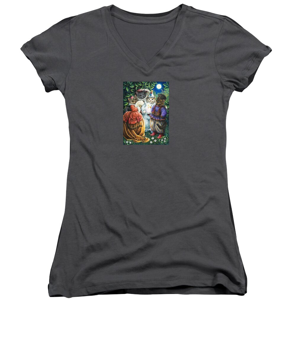 Cats Women's V-Neck featuring the painting Party Cats by Lynn Bywaters