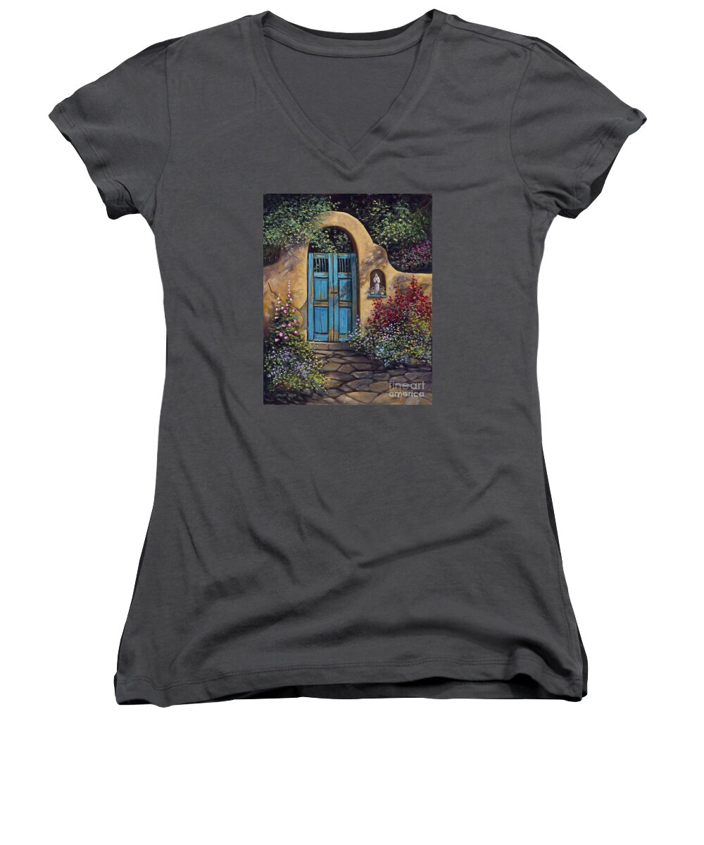 Adobe Women's V-Neck featuring the painting Patio by Ricardo Chavez-Mendez