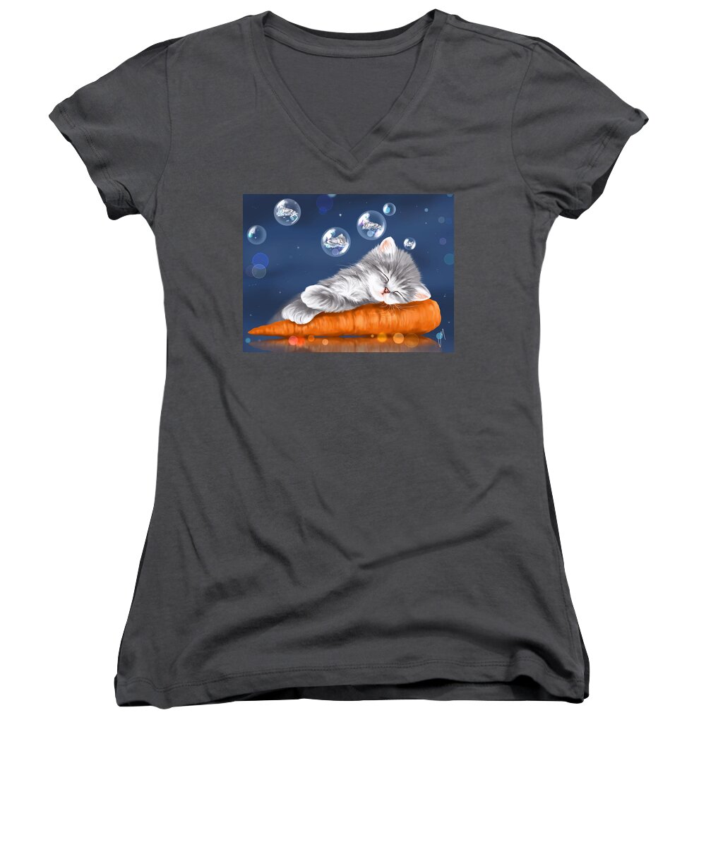 Cat Women's V-Neck featuring the painting Peaceful sleep by Veronica Minozzi