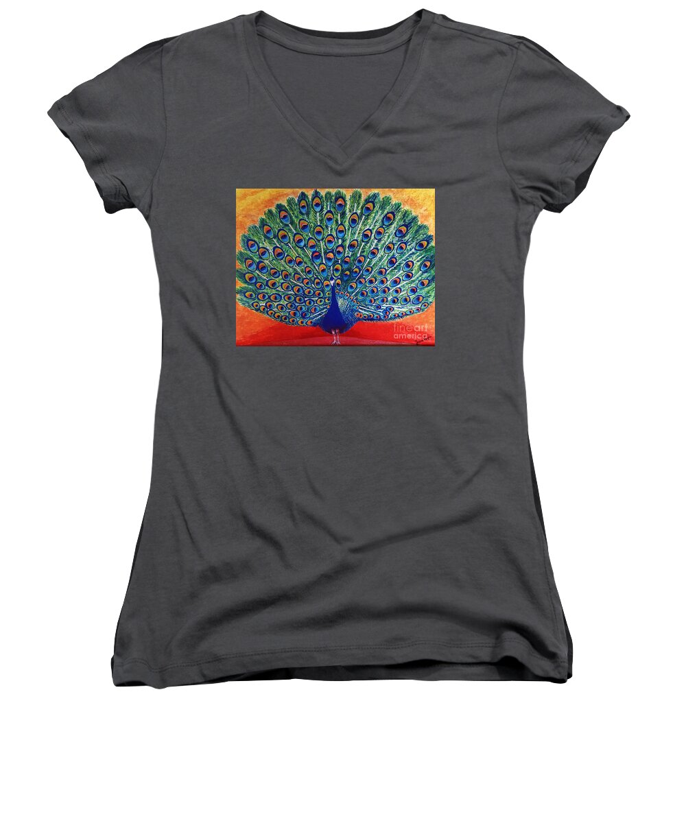 Peacock Women's V-Neck featuring the painting Peacock by Jasna Gopic by Jasna Gopic