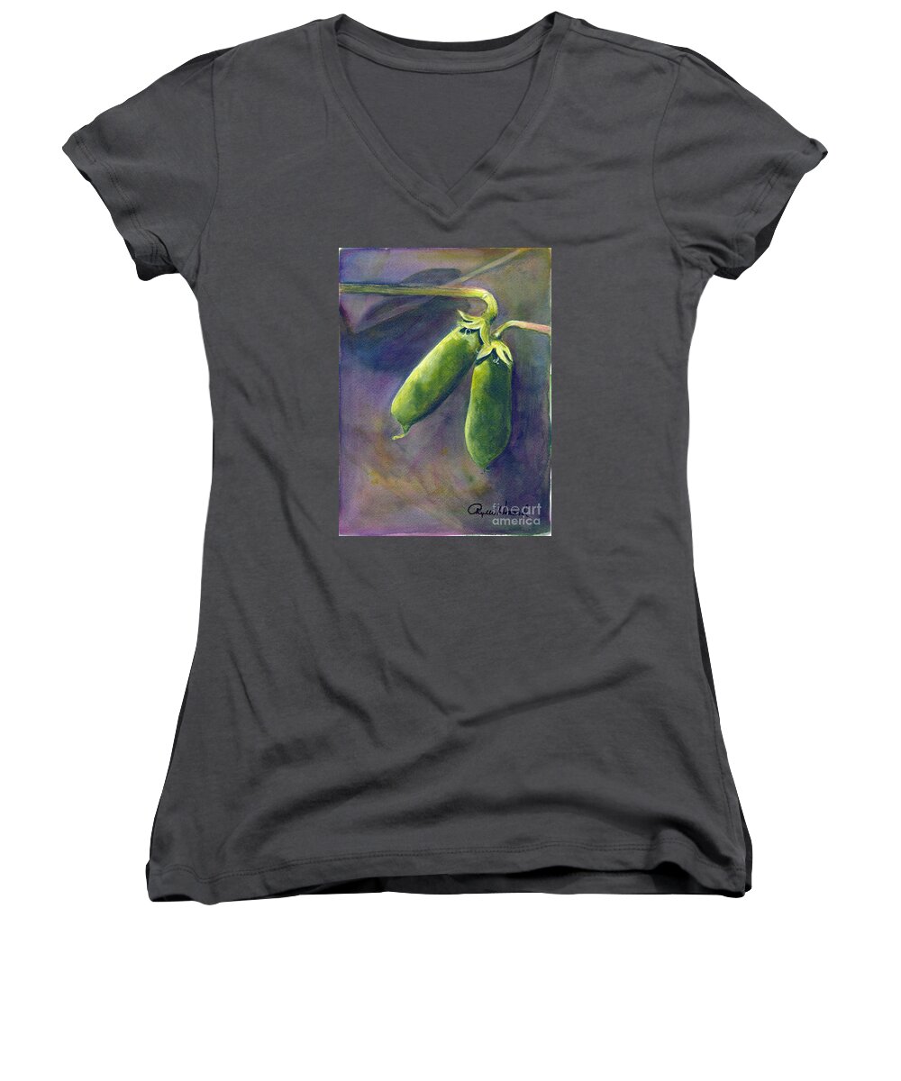 Nature Women's V-Neck featuring the painting Peas on the Vine by Phyllis Howard