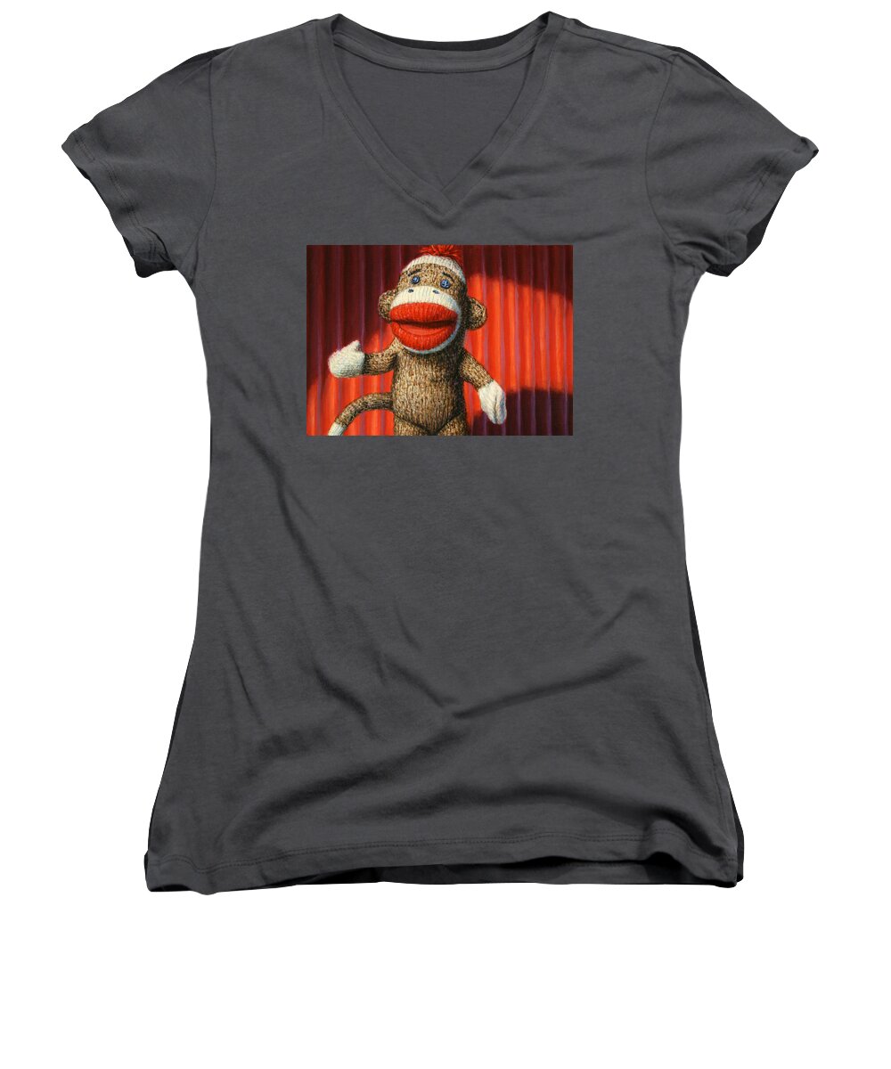 Sock Monkey Women's V-Neck featuring the painting Performing Sock Monkey by James W Johnson
