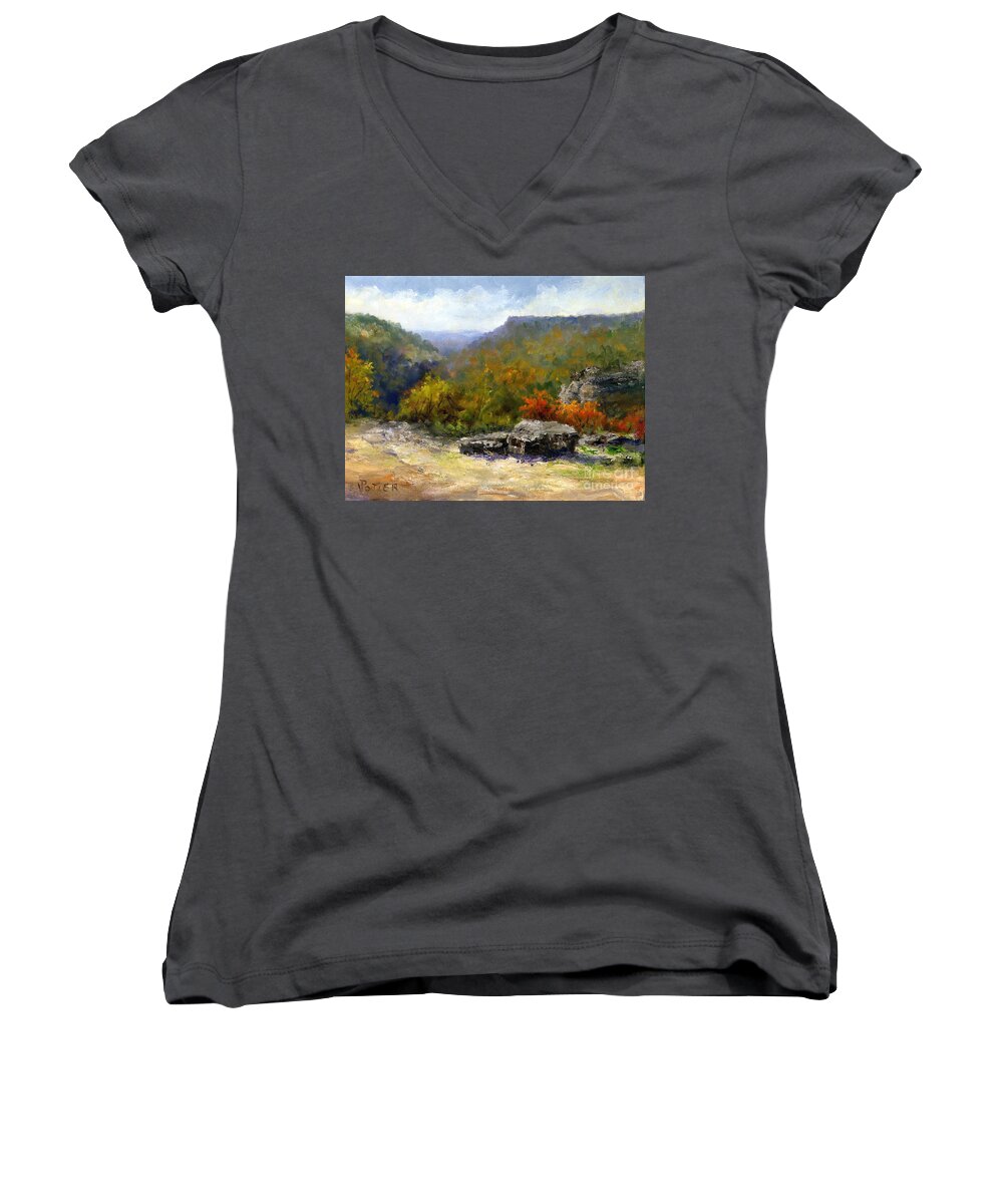 Landscape Women's V-Neck featuring the painting Petit Jean view from Mather Lodge by Virginia Potter