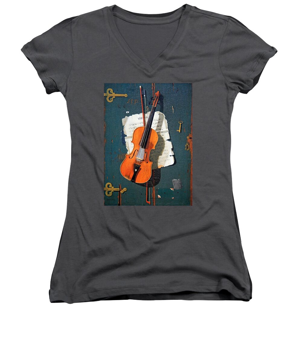 The Old Violin Women's V-Neck featuring the photograph Peto's The Old Violin by Cora Wandel