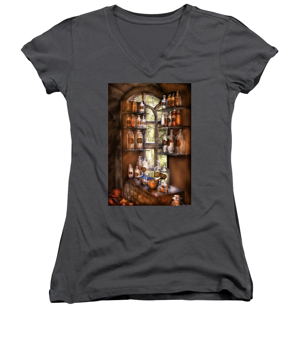 Pharmacy Women's V-Neck featuring the photograph Pharmacist - Various Potions by Mike Savad