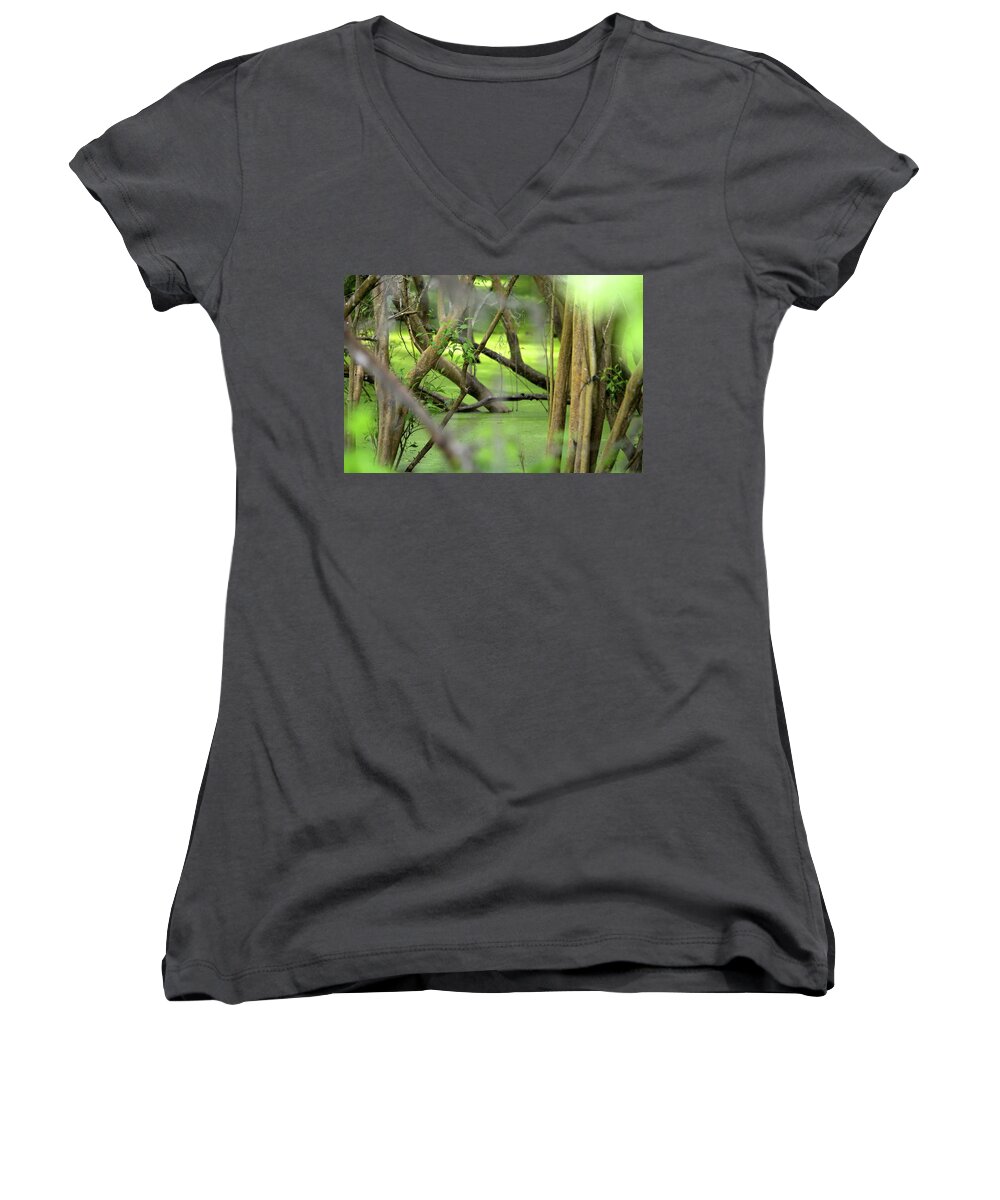 Wildlife Women's V-Neck featuring the photograph Green Water at Brazos Bend State Park in Texas by Alex King