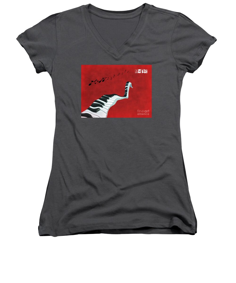 Piano Women's V-Neck featuring the digital art Piano Fun - s01at01 by Variance Collections
