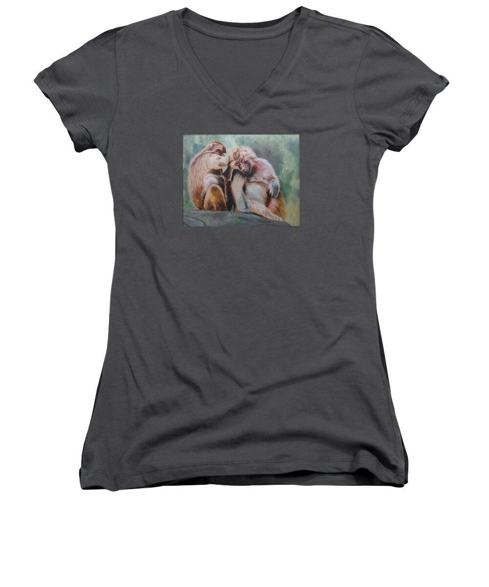 Baboons Women's V-Neck featuring the painting Pick Your Friends Carefully by Jill Ciccone Pike