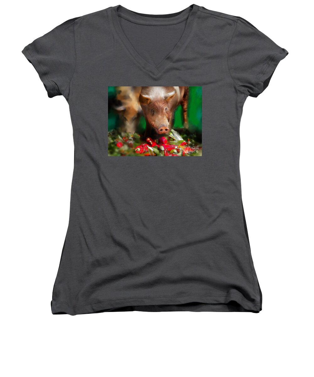 Pigs Women's V-Neck featuring the digital art Pigs by Lisa Redfern