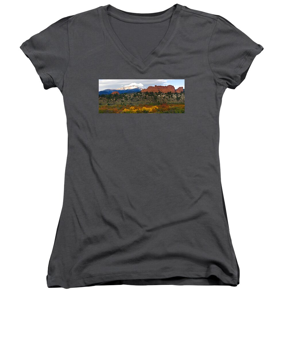 Garden Of The Gods Women's V-Neck featuring the photograph Pikes Peak Fall Pano by Ronda Kimbrow