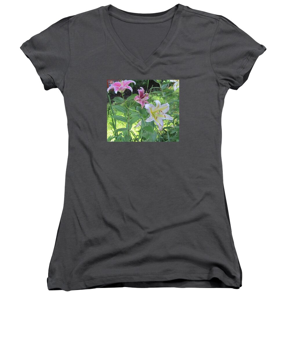 Landscape Women's V-Neck featuring the photograph Pink and White Stargazer Lilies by Glenda Crigger