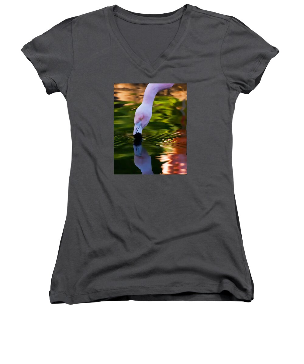 Pink Women's V-Neck featuring the photograph Pink Flamingo Ripples and Reflection by Ginger Wakem