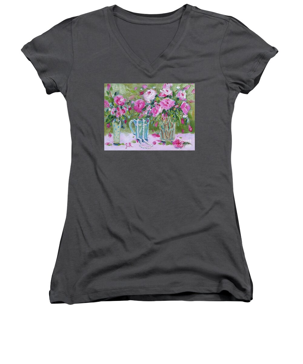  Women's V-Neck featuring the painting Pink Floral with Polka Dots by Jennifer Beaudet